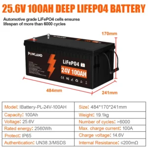 POWLAND LiFePO4 12V 200Ah 100Ah 300Ah Battery Pack 25.6V 2560Wh GradeA 6000+Cycles IP65 For RV Solar Rechargeable Battery NO TAX - AliExpress 44 - Color : 25.6V-100AH