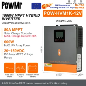 PowMr 1KW EU Hybrid Solar Inverters 12V V Pure Sine drive With MPPT 80A Solar Charge Controller Low Panel Volting V output - AliExpress 13 - Color : 12V 1K - Output Voltage : 220-240V - Ships From : france
