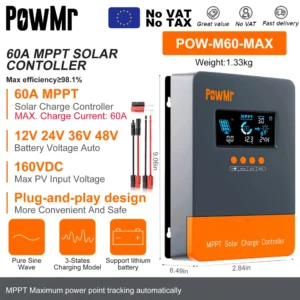 PowMr MPPT 100A 80A 60A 40A 30A 30A 20A Solar Charger Controller LCD Work With 12V 24V 36V 48V Lead-acid Lifepo4 Battery Solar Panel - AliExpress 13 - Color : MPPT 60A-Plug - Ships From : GERMANY