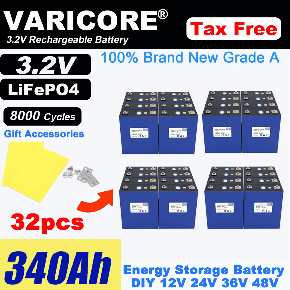 3.2V 360Ah 340Ah Lifepo4 Rechargeable Battery Lithium Iron Phosphate Travel Solar RV Campers 12v 24v batteries Grade A Tax Free - Color : 3.2V 340Ah 32pcs
