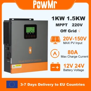 PowMr 1KW 1.5KW Hybrid Solar Inverter 12V 24V 220V Off Grid Pure Sine Wave Inverter Dual Output with MPPT 80A Solar Charger - AliExpress 13 - Color : 1.5KW 24V - Output Voltage : 220-240V - Ships From : france