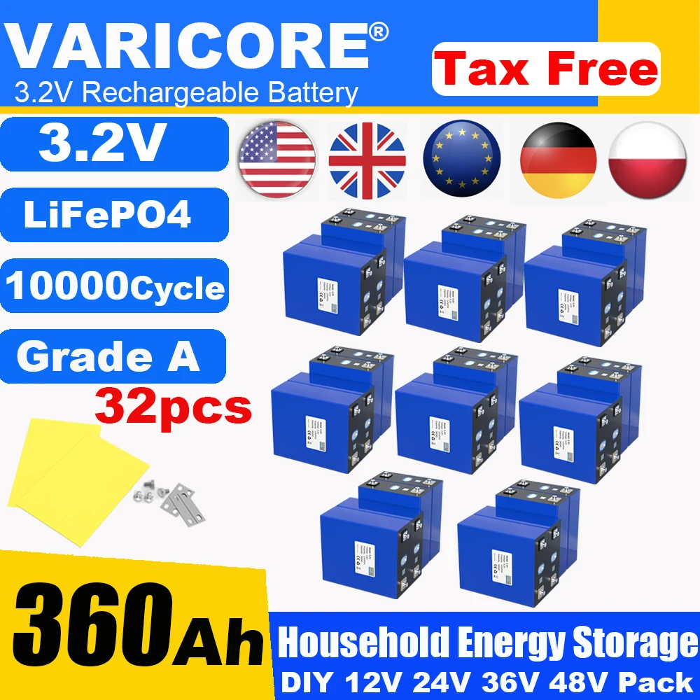 3.2V 360Ah 340Ah Lifepo4 Rechargeable Battery Lithium Iron Phosphate Travel Solar RV Campers 12v 24v batteries Grade A Tax Free - Color : 3.2V 360Ah 32pcs