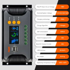 PowMr MPPT 100A 80A 60A 40A 30A 30A 20A Solar Charger Controller LCD Work With 12V 24V 36V 48V Lead-acid Lifepo4 Battery Solar Panel - AliExpress 13 - Color : PWM 30A - Ships From : GERMANY