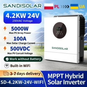 SANDI 4.2KW Hybrid Solar Inverter 24V 220V Off Grid Pure Sine MPPT 100A Solar Charger PV Input 500VDC - AliExpress 13 - Color : SD-4.2KW-24V-WIFI - Output Voltage : 220-240V - Ships From : China Mainland - Input Voltage : 24V