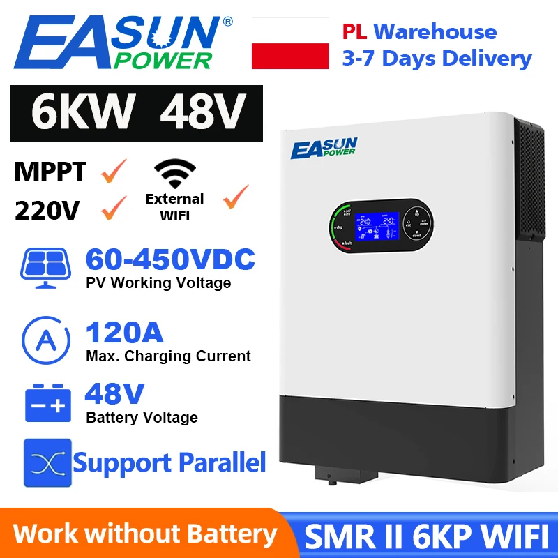 EASUN POWER 6KW Hybrid Solar Inverter 48V 220V 120A MPPT Charger Battery Pure Sine Wave Parallel Grid Tie Inverter With WIFI - AliExpress 13 - Color : SMR-II-6KP-48V-WIFI - Ships From : Poland