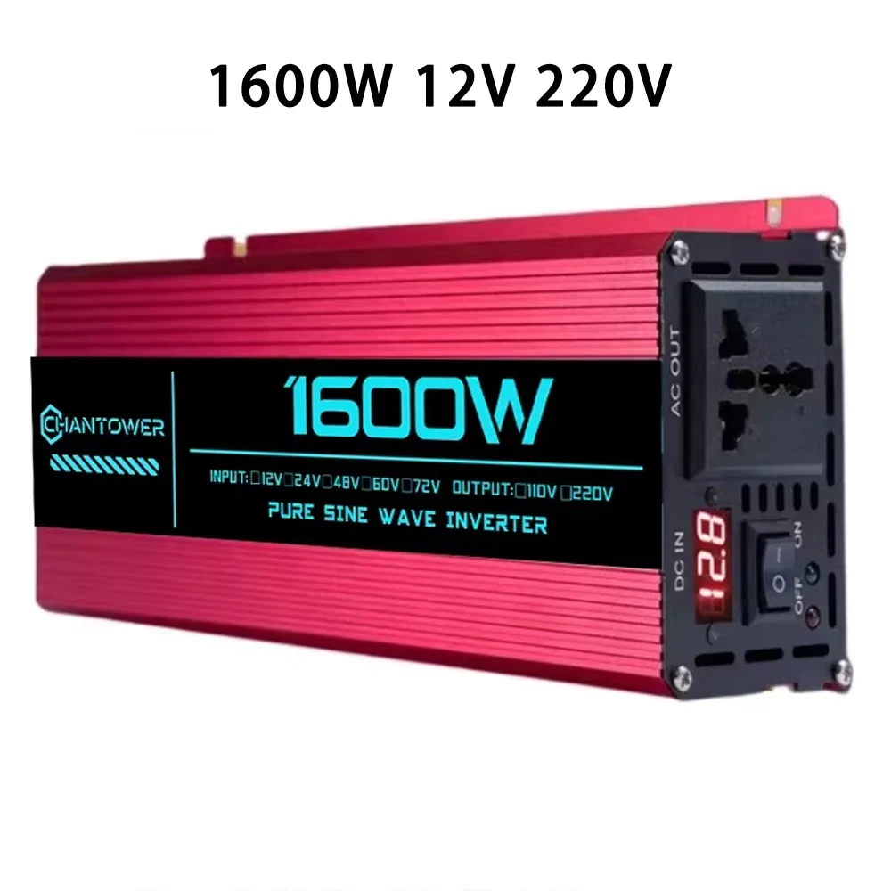 Pure Sine Wave Inverter 12V/24V 220V 1000W 2000W 3000W 4000W 5000W 6000W DC To ACPower Converter Charger LCD Car Solar Inverter - Color Name : 12V 220V 1600W