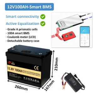 1280Wh LiFePO4 12V 100Ah Lithium Battery with Bluetooth and Active Equalization Function, 100A BMS Traction Battery, for Solar - AliExpress 44 - Color : 12V100Ah-Bluetooth-C - Ships From : Poland