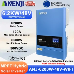 ANENJI 6.2KW 48V Hybrid Solar Inverter 230V Pure Sine Off Grid On Grid Inversor 120A MPPT Solar Charge Controller for PV panels - AliExpress 13 - Color : ANJ-6200W-48V-WIFI - Output Voltage : 220-240V - Ships From : Poland - Input Voltage : 48V