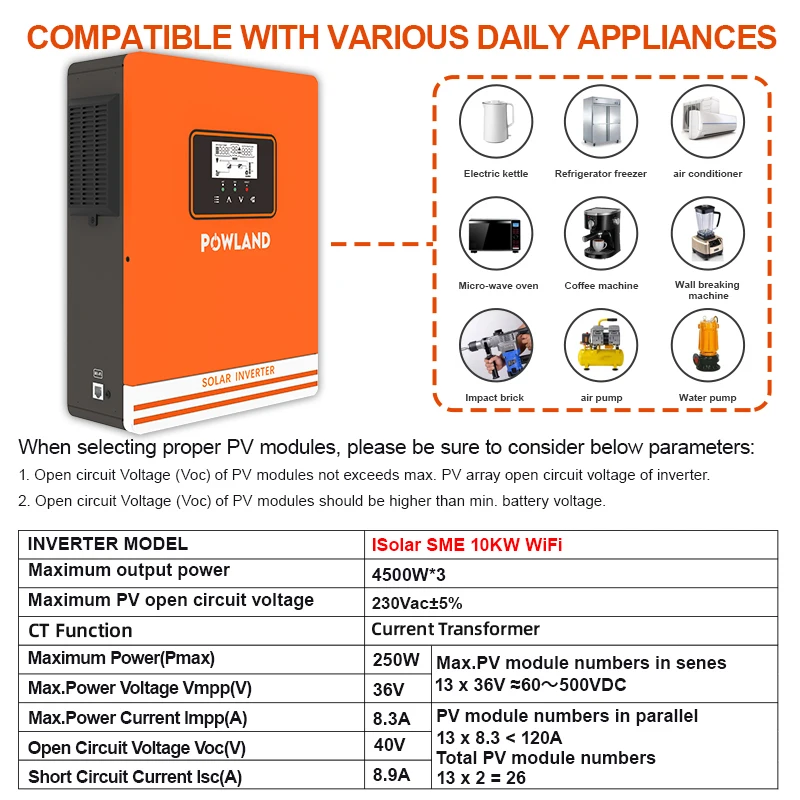 POWLAND MPPT Solar Inverter 10000W 220V Max 4500W*3 60V-450V PV Input 50Hz Pure Sine Wave Inverter With CT Function Include WIFI - AliExpress 13 - Color : SME-10KW-WIFI - Image 4
