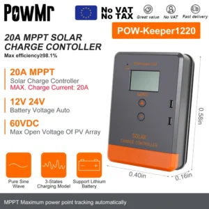 PowMr MPPT 100A 80A 60A 40A 30A 30A 20A Solar Charger Controller LCD Work With 12V 24V 36V 48V Lead-acid Lifepo4 Battery Solar Panel - AliExpress 13 - Color : MPPT 20A - Ships From : GERMANY