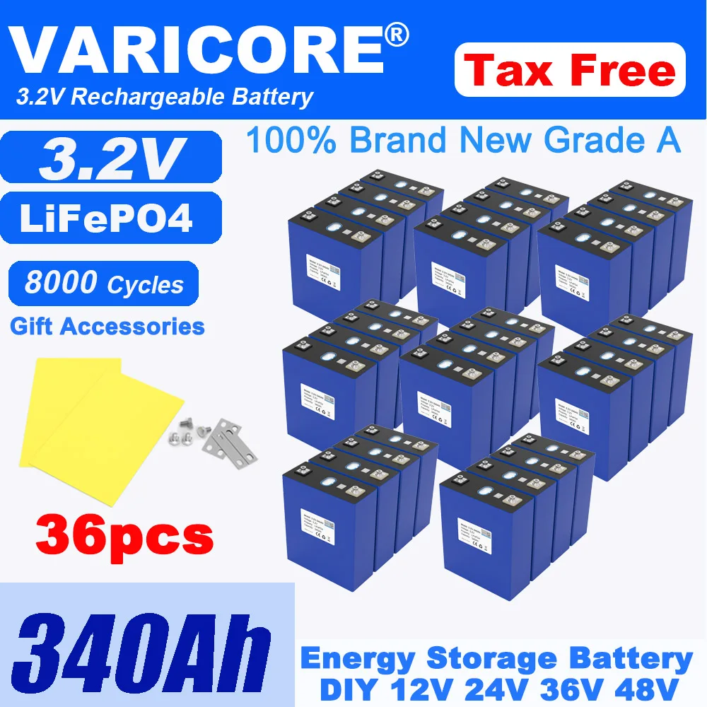 3.2V 360Ah 340Ah Lifepo4 Rechargeable Battery Lithium Iron Phosphate Travel Solar RV Campers 12v 24v batteries Grade A Tax Free - Color : 3.2V 340Ah 36pcs